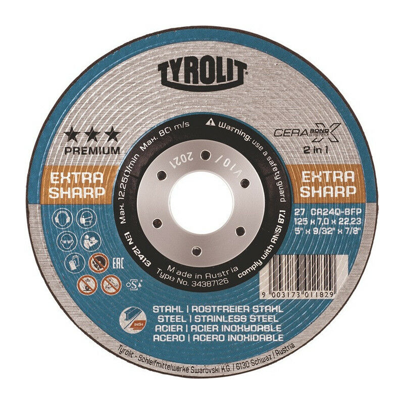 

Disco de desbaste CERABOND X D178xS7mm curvo INOX / taladro de acero 22,23mm TYROLIT (Por 5)