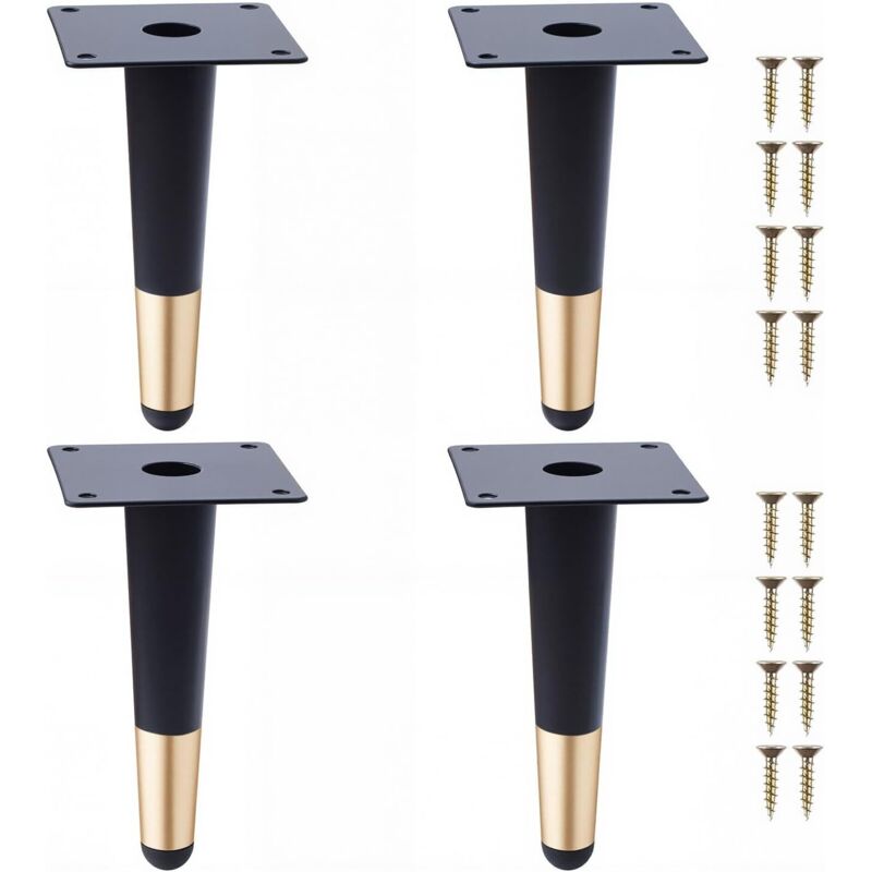 Pieds de Meuble 4Pcs Pieds de Table Conique Vertical Pieds de Canapé Pieds d'armoire en Métal pour Armoire Chaise Table (15cm Hauteur,Noir et Doré)