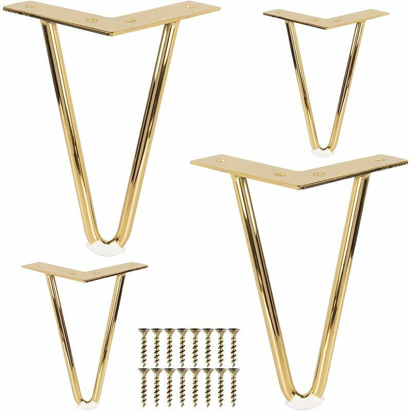 Tigrezy Pieds de meuble en métal de 10 cm, pieds de table en épingle à cheveux en fer 4 pièces avec vis - Or