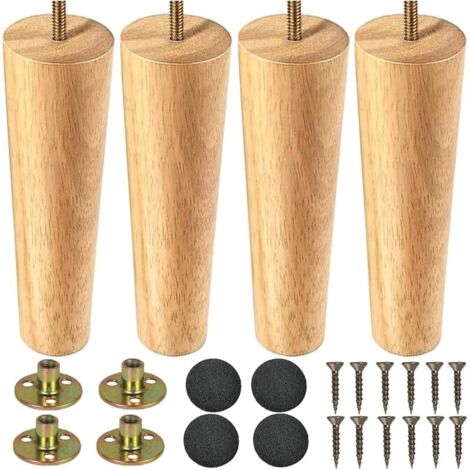 Pieds de meubles en Bois 20cm Pied de Table 4 Pièces Pieds de Table en Bois Conique Massif Pieds de Canapé Pieds de Meubles de Remplacement avec Vis de Plaque de Montage et Tapis Antidérapant