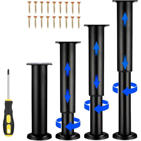 Pieds de Meubles Réglables, 4 Pieds de Meubles Métal Noir, Pied Meuble, Pieds Universels Ajustables pour Meubles pour Canapé, Lit, Armoire, Table, avec Vis, Hauteur Réglable (18-30 cm)