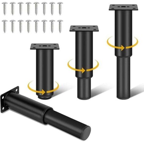 Pieds de meubles réglables en métal (18 à 30 cm) – Lot de 4, parfaits pour lit, canapé, commode, chaise et table basse – Noir