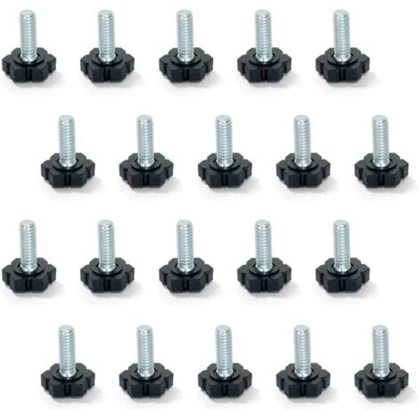 Pieds de nivellement pour meubles – Lot de 20 – Tige filetée M6x30mm – Base hexagonale en plastique noir pour réglage précis