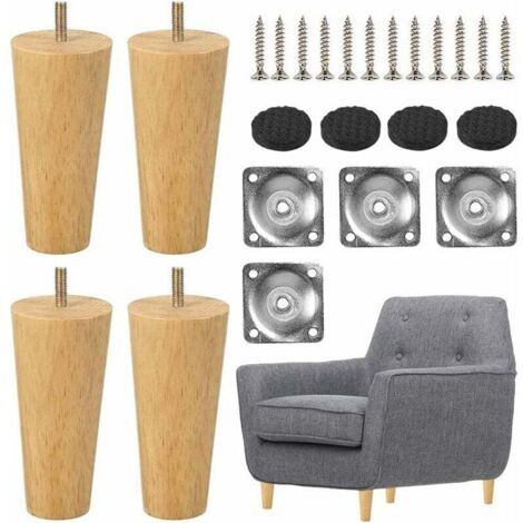 Pieds De Table En Bois De 8 Cm Lot De 4 Pieds De Meubles En Bois Massif Coniques Pieds De Meubles De Rechange Avec Plaques De Montage Et Vis Pour Canapé-Lit Armoire Canapé Chaise (Vertical)
