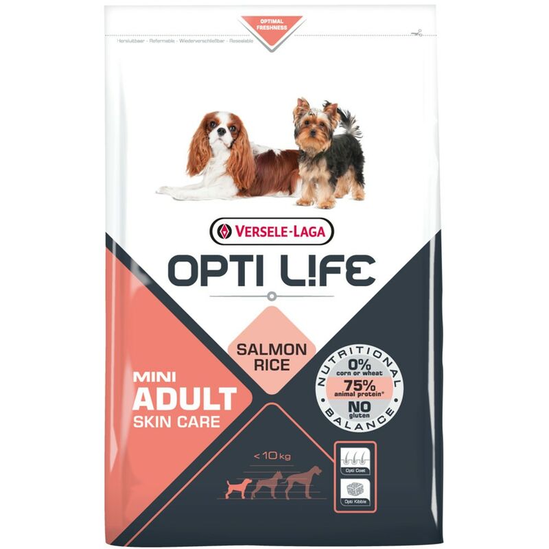 

Pienso para perros Opti Life Skin Care Mini con salmon y arroz | Pienso para perros de raza mini Versele Laga | Comida para perros 7,5 kgs