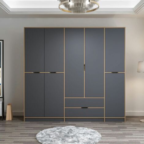 Pier Import – Armoire dressing 8 portes grises effet bois – Dimensions 232x52x208 cm – Bois MDF mélaminé bicolore chêne anthracite – Meuble en kit