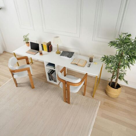 Pier Import – Bureau double blanc 240x60cm avec rangement central intégré – MDF mélaminé résistant aux rayures – Hauteur 74cm pour espace de travail optimisé
