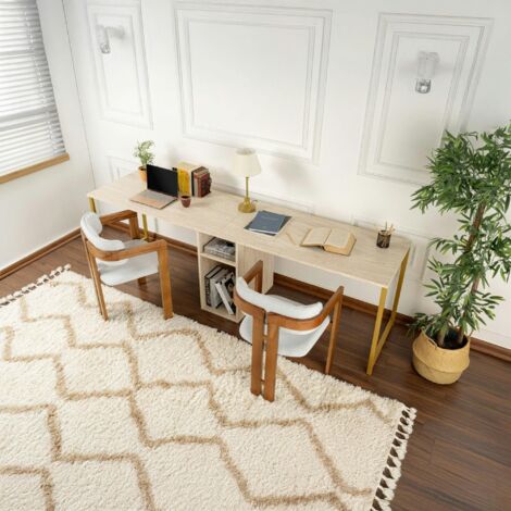 Pier Import – Bureau droit double 240x60cm avec rangement central – Plateau effet travertin – MDF mélaminé résistant aux rayures – Hauteur 74cm