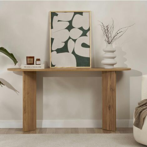 Pier Import – Console de salon ovale effet chêne – pieds en V – MDF mélaminé résistant aux rayures – Dimensions 150x35x75 cm