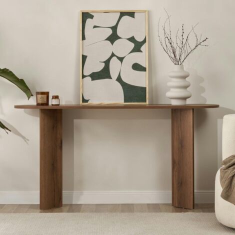 Pier Import – Console de salon ovale effet noyer clair – pieds en V – Dimensions 150x35x75 cm – MDF mélaminé résistant aux rayures