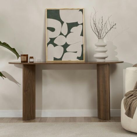Pier Import – Console de salon ovale effet noyer foncé – pieds en V – Dimensions : 150x35x75 cm – MDF mélaminé résistant aux rayures