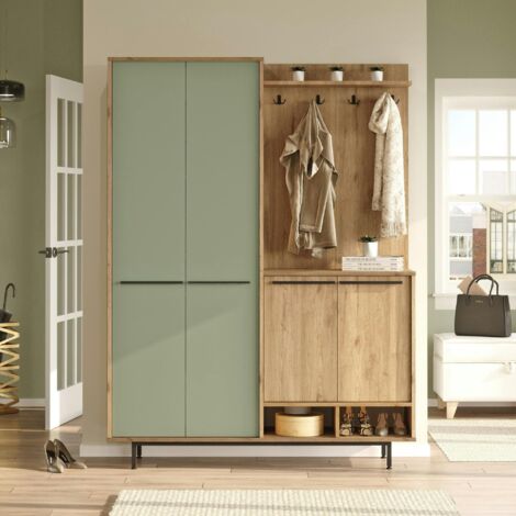 Pier Import – Meuble d'entrée avec rangement – Vert sauge effet chêne – Dimensions 147x36x196 cm – Bois MDF mélaminé durable