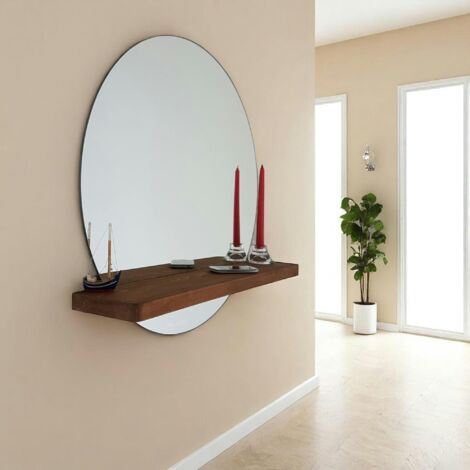 Pier Import – Miroir rond sur pied 70 cm avec étagère en bois massif – Dimensions 70x15 cm – Finition durable en pin et verre
