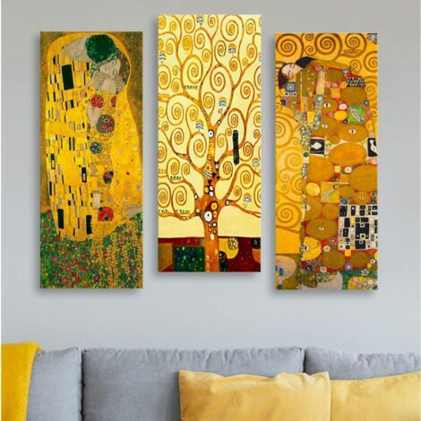 Pier Import – Set de 3 tableaux décoratifs Klimt – Baiser, Arbre, Étreinte – Bois de pin, peinture MDF – Dimensions 20x50 cm