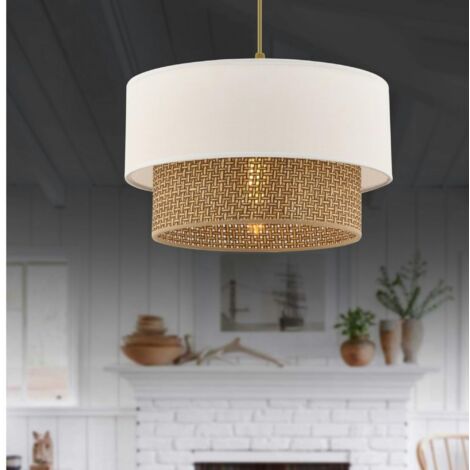 Pier Import – Suspension blanche en coton et métal – Double abat-jour tressé – Dimensions 30x30x65 cm – Type E27 max 40W – Indice IP20