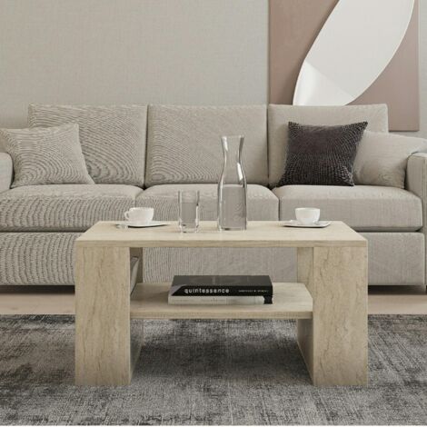 Pier Import – Table basse fixe double plateau effet travertin – Porte-revues intégré – Dimensions 80x50x40 cm – Bois MDF mélaminé