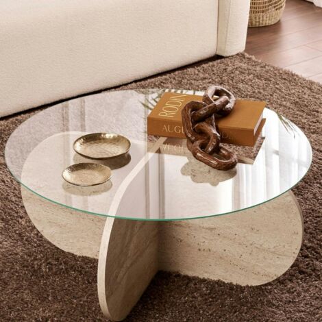 Pier Import – Table basse fixe en verre trempé 75x75cm – Pied en croix effet travertin – Épaisseur 6mm – Meuble à assembler