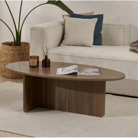 Pier Import – Table basse fixe ovale effet noyer – Pied en T – Dimensions 120x65x40 cm – MDF mélaminé résistant aux rayures