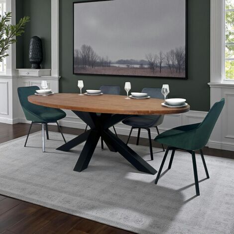 Pier Import – Table de salle à manger ovale 220 cm – Bois de teck recyclé – Pied central en métal laqué noir – Largeur 115 cm – Hauteur 78 cm