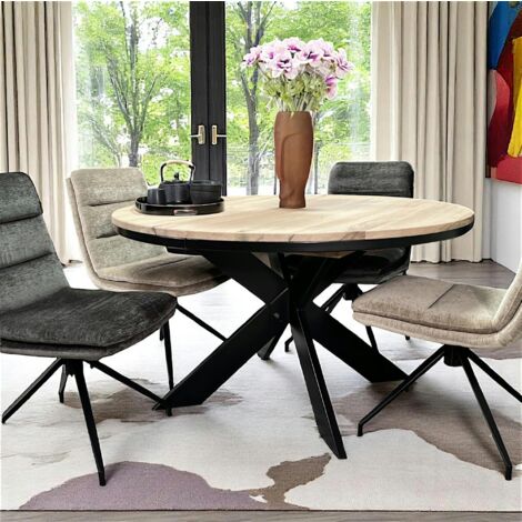 Pier Import – Table ronde extensible 120 cm en chêne blanc – Pied en métal – Plateau en bois naturel clair – Rallonges jusqu'à 2m – Fabriquée en Europe