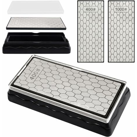 Pierre à aiguiser diamant double face, pierre à aiguiser Kalolary avec base antidérapante pour ciseaux, couteaux, outils de cuisine d'extérieur (grain 400/1000)
