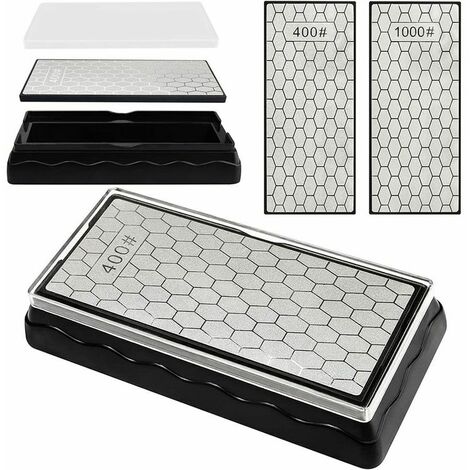 Pierre à aiguiser diamant double face, pierre d'abeille avec base antidérapante pour ciseaux de cuisine d'extérieur (grain 400/1000, 185 x 92 x 40 mm)
