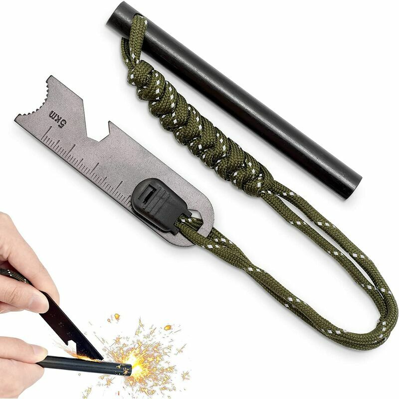 Pierre a Feu Kit 7 en 1, Allume Feu Survie, Pierre à Feu Kit en Magnésium, Silex Allume Feu Diamètre 10mm, Silex de Survie avec Grattoir Multi Outils
