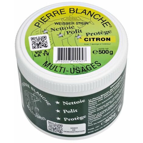 Pierre blanche nettoyant 500gr citron – 100% naturel et biodégradable – Pour métaux, verre, céramique – Éponge fournie