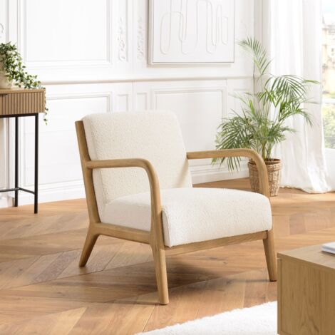 PIERRE - Fauteuil bas tissu bouclette blanc et accoudoirs bois