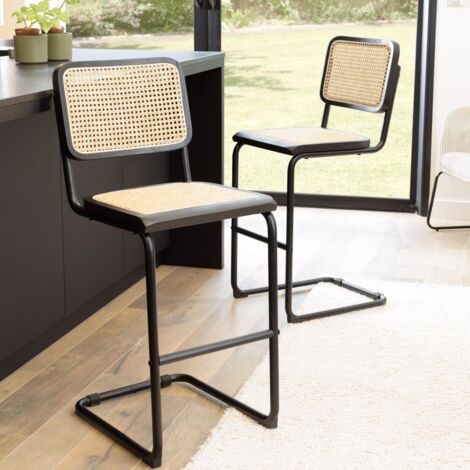 PIERRE - Lot de 2 tabourets de bar H65cm bois noir/cannage naturel