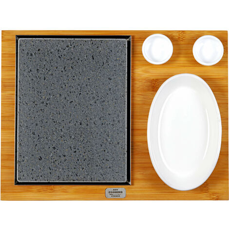 Pietra Lavica 19x25 cm con Insalatiera 2 Ciotole e Supporto in Legno di Bamboo American