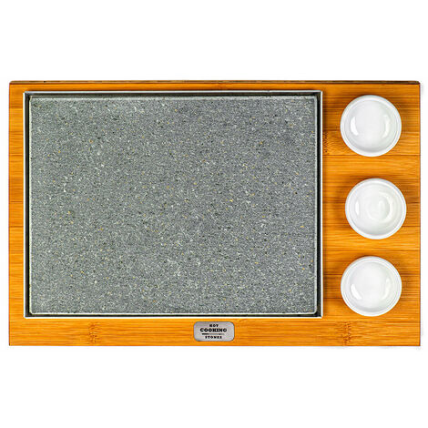 Pietra Lavica 20x25 cm con Ciotole e Supporto in Legno di Bamboo