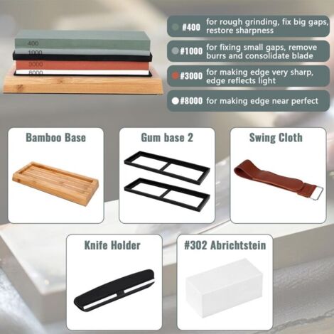 Pietra per affilare, pietra per spianare, grana 400/1000 3000/8000, pietra per affilare a doppia faccia con base in bambù antiscivolo, supporto in silicone antiscivolo, guida angolare