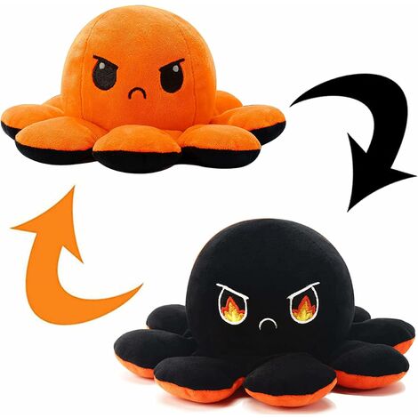 Pieuvre Peluche Reversible, Peluche Pieuvre Peut Exprimer des éMotions et Soulager Le Stress, Peluche Mignonne Pop-it Poulpe pour Jouet Enfant Cadeau Noel (Noir orangé)