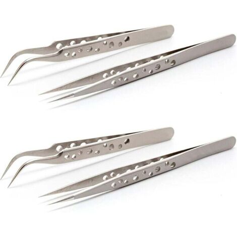 Pieza de pinzas de precisión, pinzas de precisión, 2 pinzas rectas 2 curvas, pinzas electrónicas, pinzas de precisión, antiestáticas, acero inoxidable, para reparación, bricolaje