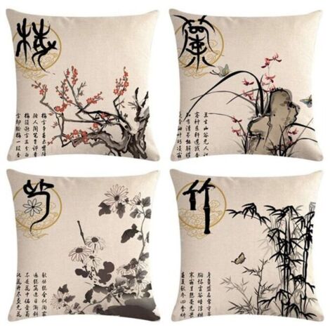 Piezas Funda de almohada con pintura de tinta Flor de ciruelo Crisantemo Orquídea Funda de almohada tradicional china