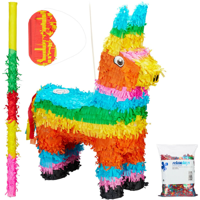 4-piece Set Donkey Pinata, incl. Stick & Eye Mask, & Confetti, to Fill with Candies, Hanging Hook, Colourful - Relaxdays