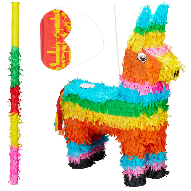 Relaxdays - 3-piece Pinata Set Donkey, incl. Stick & Eye Mask, Bat & Blindfold, to Fill with Candies, Hanging, Colourful