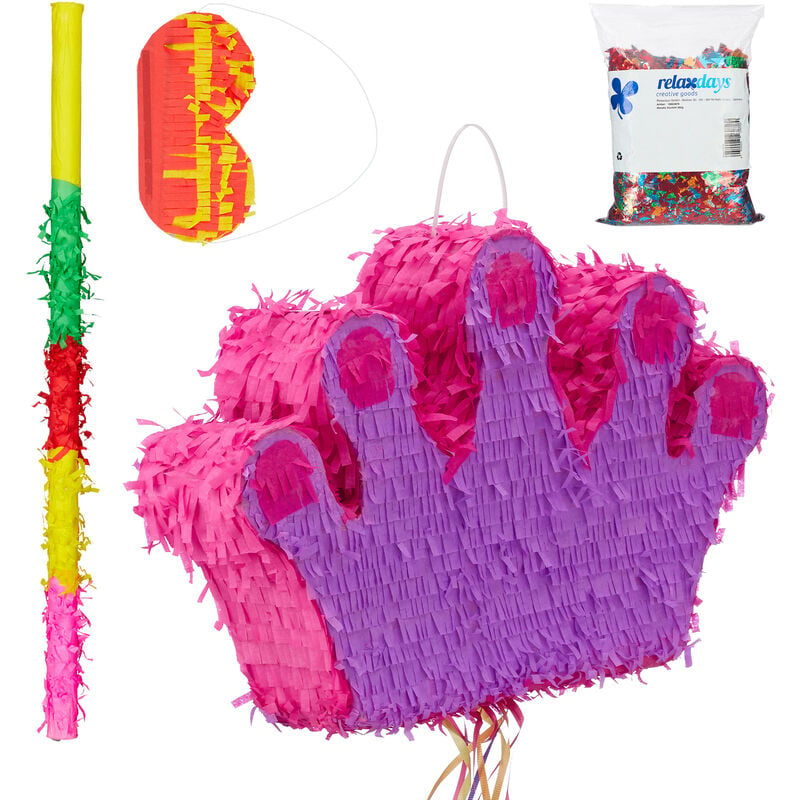 Relaxdays - 4-piece Set Pinata Pink Crown, incl. Stick & Eye Mask, & Confetti, to Fill with Candies, Hanging, Colourful