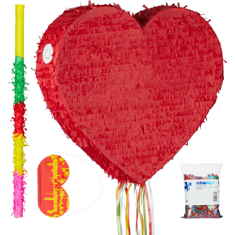 Relaxdays - 4-piece Set Pinata Heart, incl. Stick & Eye Mask, & Confetti, to Fill with Candies, Romantic, Hanging, Red