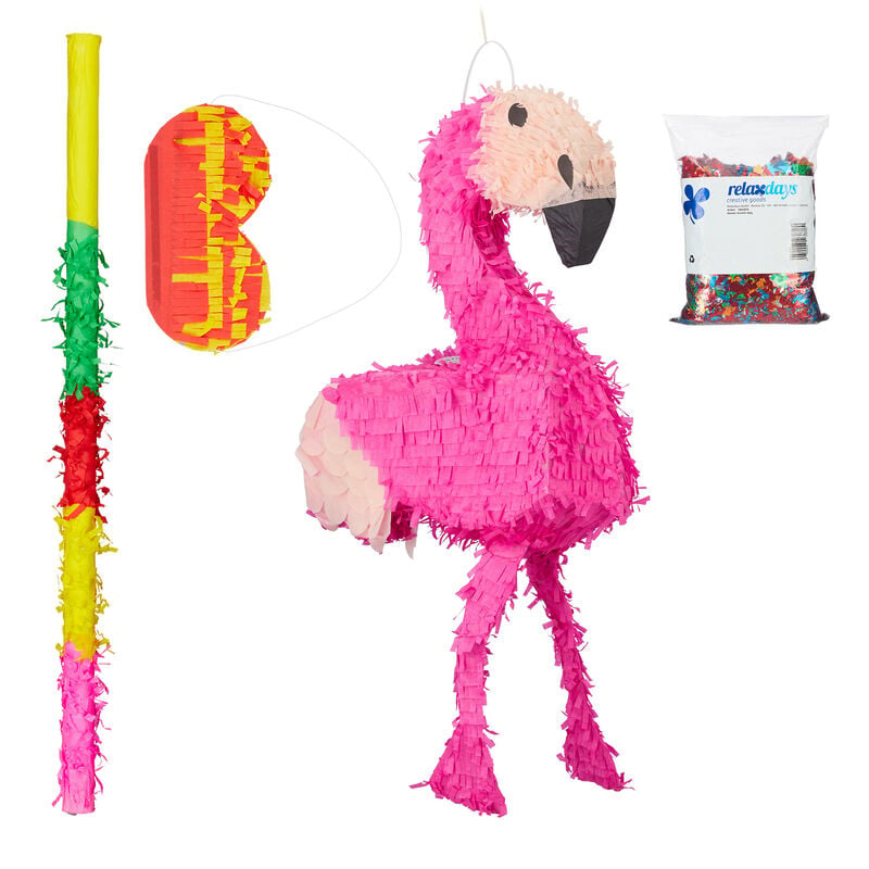 Relaxdays - 4-piece Set Pinata Pink Flamingo, incl. Stick & Eye Mask, & Confetti, to Fill with Candies, Hanging, Colourful