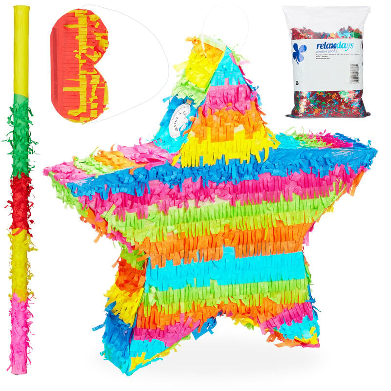 Relaxdays - 4-piece Set Pinata Star, including Stick & Eye Mask, & Confetti, to Fill with Candies, Hanging Hook, Colourful