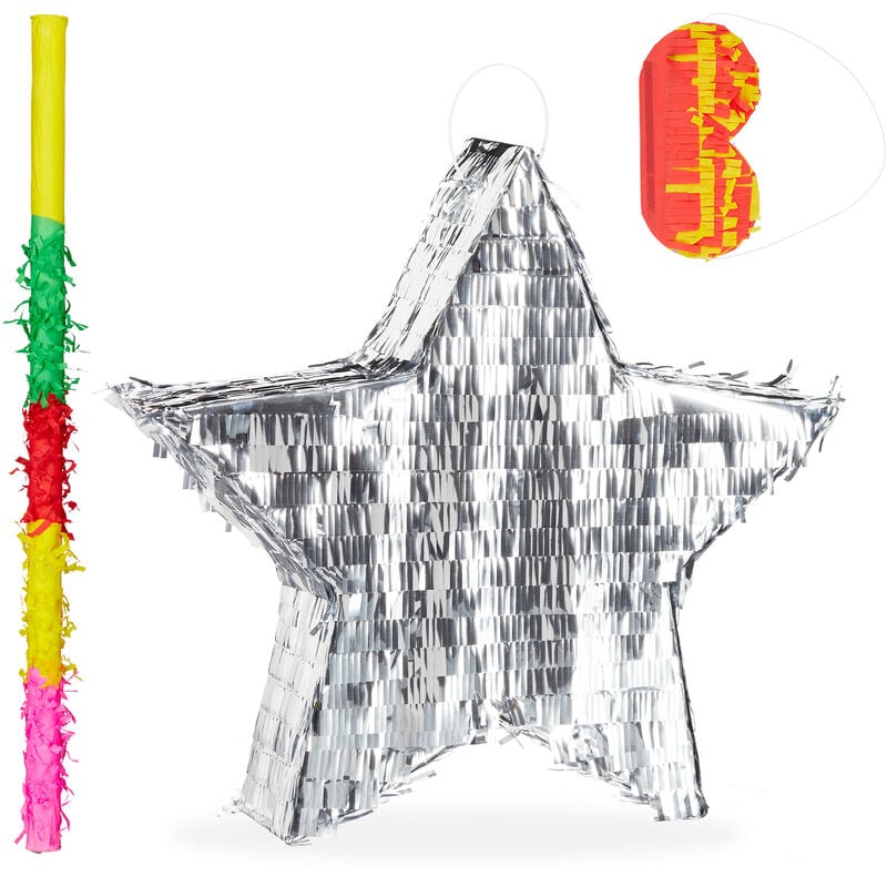 Relaxdays - 3-piece Pinata Set Star, including Stick & Eye Mask, Bat & Blindfold, to Fill with Candies, Hanging, Silver