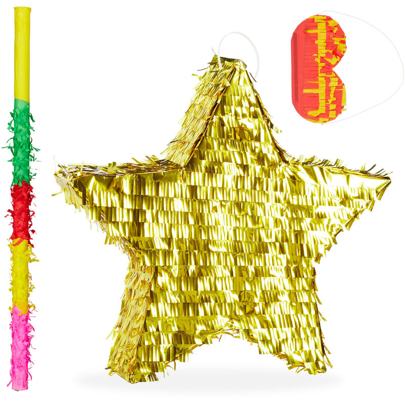 Relaxdays - 3-piece Pinata Set Star, including Stick & Eye Mask, Bat & Blindfold, to Fill with Candies, Hanging, Gold