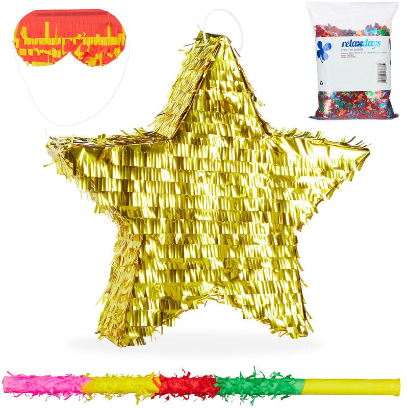 Relaxdays - 4-piece Pinata Set Star-Shaped, incl. Stick & Blindfold Mask, Confetti Bag, Fill with Candies, Hanging, Gold