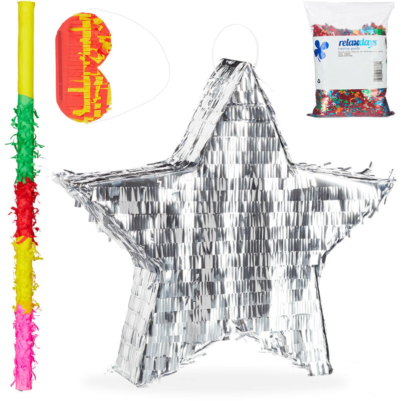 4-piece Pinata Set Star-Shaped, incl. Stick & Blindfold Mask, Confetti Bag, Fill with Candies, Hanging, Silver - Relaxdays