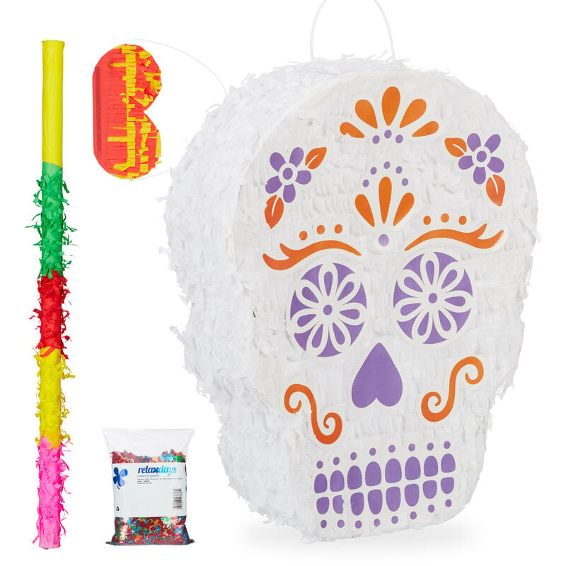 Relaxdays - 4-piece Set Skull Pinata, incl. Stick & Eye Mask, & Confetti, to Fill with Candies, Hanging Hook, Colourful