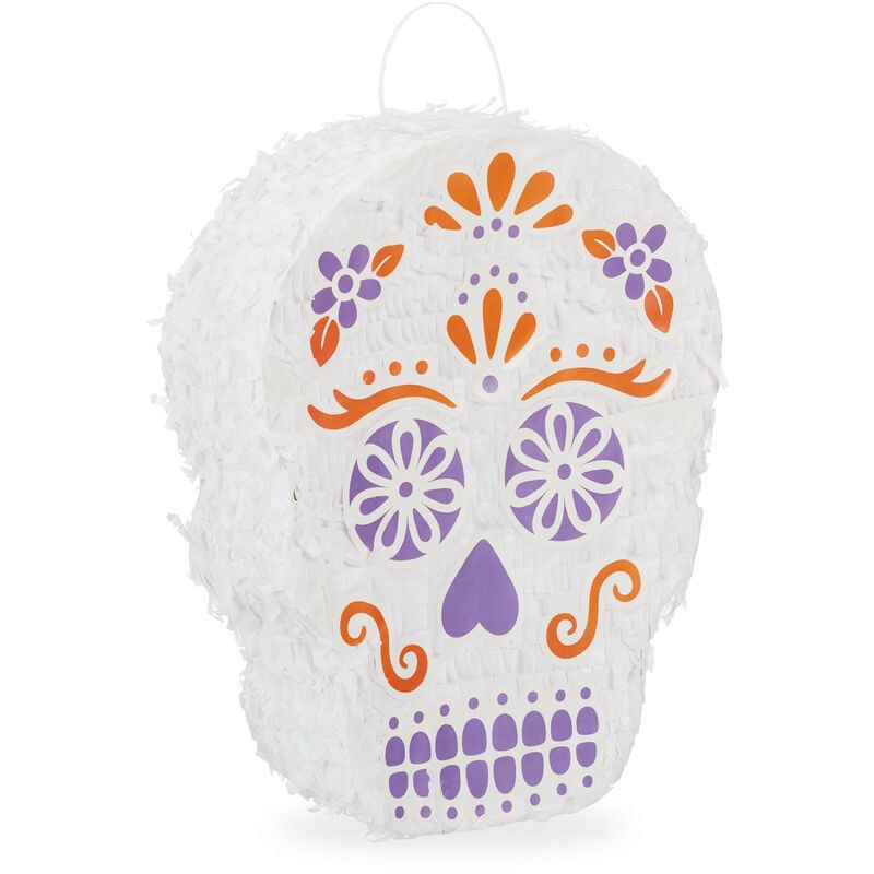 Relaxdays - 4-piece Set Skull Pinata, incl. Stick, Eye Mask & Golden Coins, to Fill with Candies, Hanging Hook, Colourful