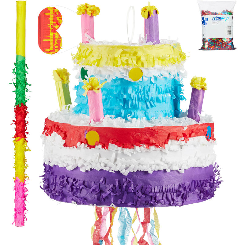 4-piece Set Birthday Cake Pinata, incl. Stick, Mask, & Confetti, to Fill with Candies, Hanging Hook, Colourful - Relaxdays