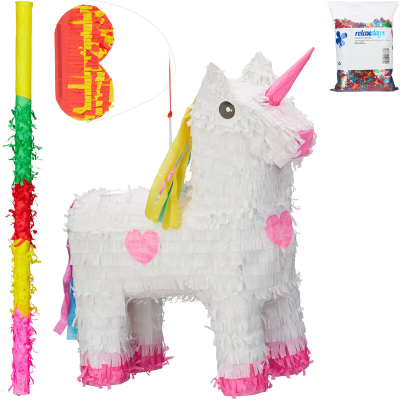 Relaxdays - 4-piece Pinata Set White Unicorn, incl. Stick & Eye Mask, & Confetti, to Fill with Candies, Hanging, Colourful